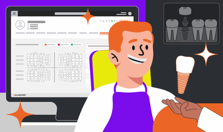 Imagem ilustrativa de um paciente sorrindo na cadeira do consultório, com um computador aberto na aba de ficha de implantes do Clinicorp.