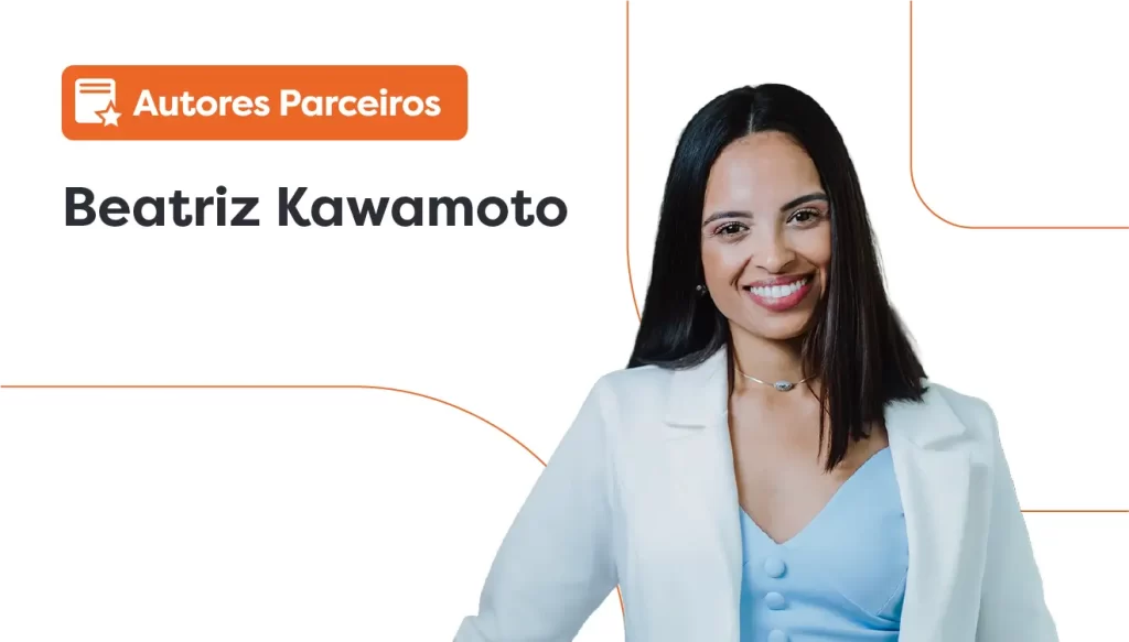 Imagem com fundo branco e detalhes em laranja. No lado esquerdo, há um selo laranja com um ícone de texto e uma estrela, seguido da frase "Autores Parceiros". Abaixo, em destaque, está o nome "Beatriz Christine de Oliveira" em letras grandes e escuras. No lado direito da imagem, há uma mulher de cabelos longos e escuros, vestindo blazer branco e blusa azul clara, olhando para a câmera com expressão séria.