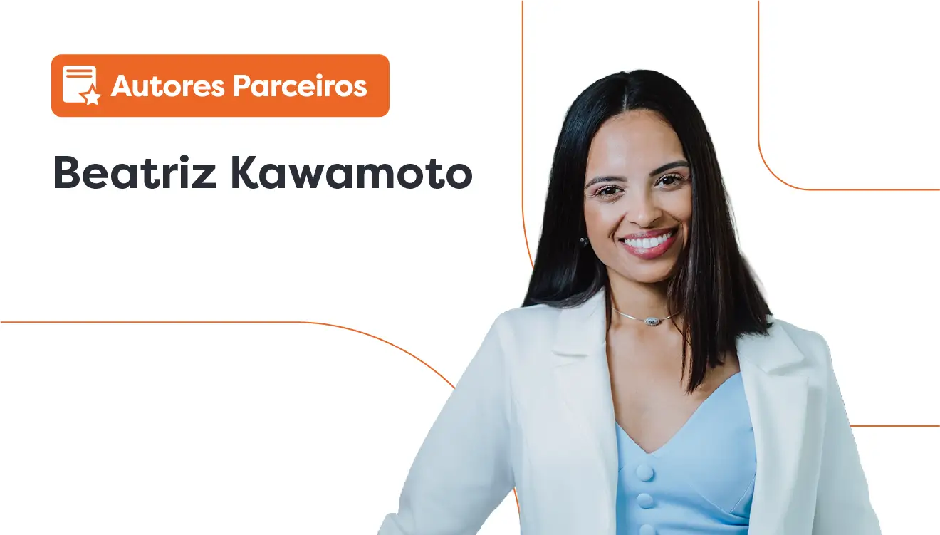 Imagem com fundo branco e detalhes em laranja. No lado esquerdo, há um selo laranja com um ícone de texto e uma estrela, seguido da frase "Autores Parceiros". Abaixo, em destaque, está o nome "Beatriz Christine de Oliveira" em letras grandes e escuras. No lado direito da imagem, há uma mulher de cabelos longos e escuros, vestindo blazer branco e blusa azul clara, olhando para a câmera com expressão séria.