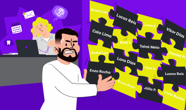 Secretária organizando encaixe de consulta na agenda digital da clínica odontológica.