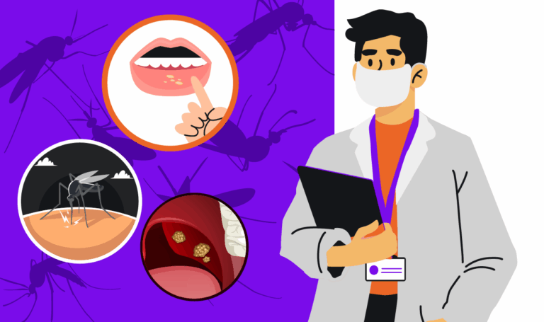 Dengue e odontologia. Imagem ilustrativa de um dentista ao lado do mosquito-da-dengue, cavidades orais com manifestações da doença e mucosas contaminadas.