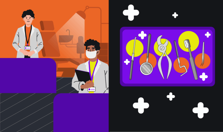 Kit acadêmico odontológico. Imagem ilustrativa de dois profissionais e estudantes da área odontológica, ao lado de um kit com instrumentos para prática.