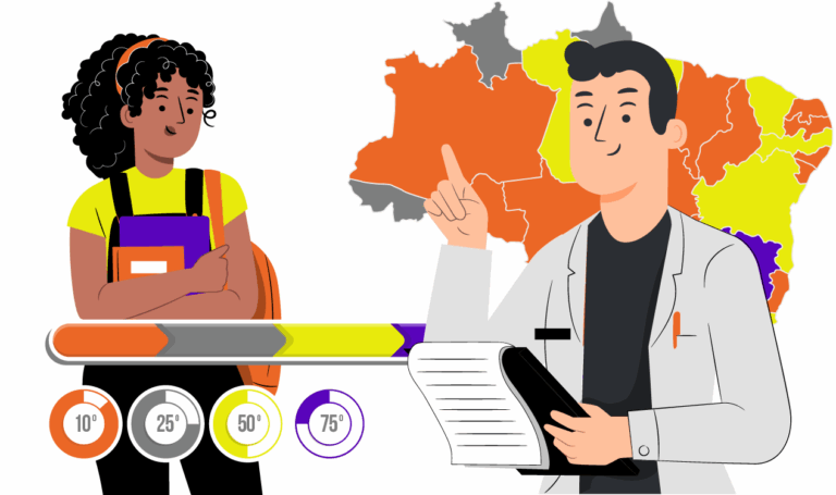 Turismo odontológico. Imagem ilustrativa de um dentista com uma prancheta em mãos, conversando com uma turista que carrega suas bagagens. No fundo da imagem, vemos o mapa do Brasil com porcentagens indicando quais estados mais recebem visitantes para tratamentos dentários.