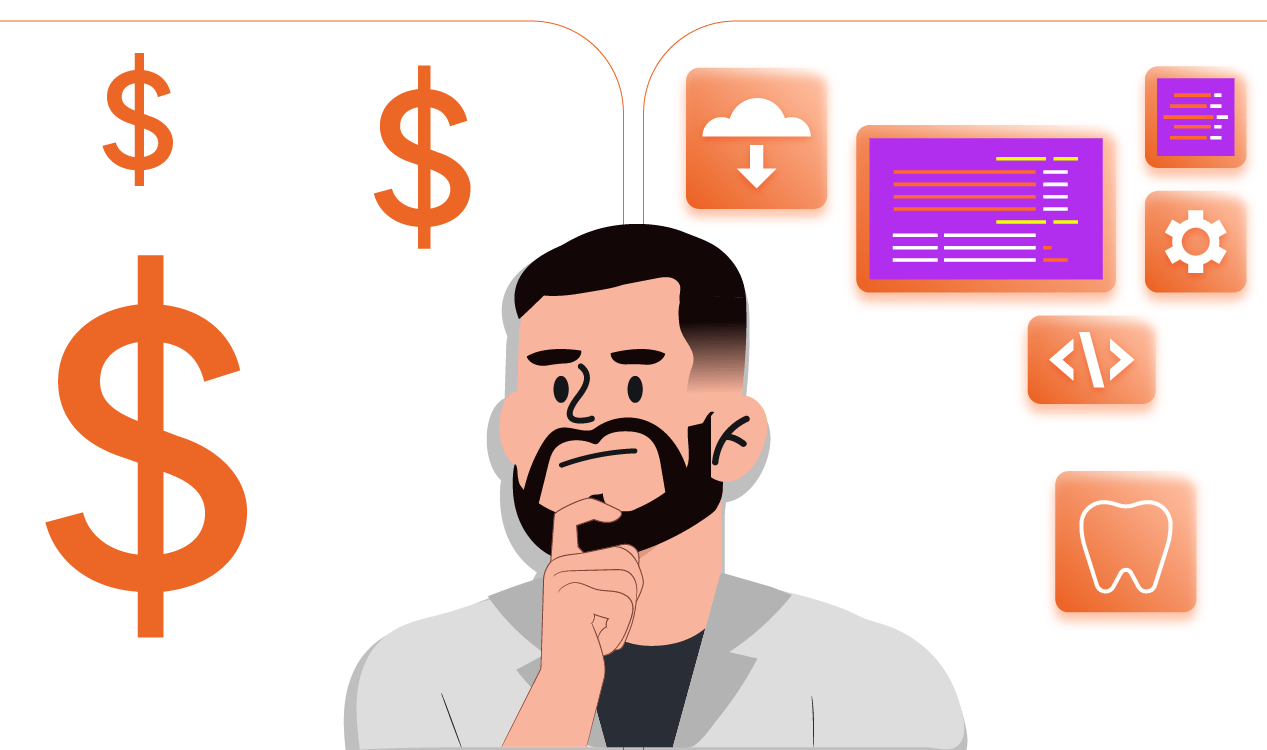Custo-benefício: imagem ilustrativa de um profissional se indagando preços e custo-benefício de um software odontológico. No fundo da imagem, vemos ícones de cifrões e telas de sistemas.