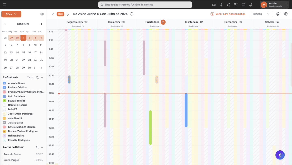 Tela da Agenda Inteligente do software odontológico Clinicorp exibindo a visualização semanal de consultas por profissional, com alertas de retorno e controle de pacientes, recurso essencial para o dentista organizado.