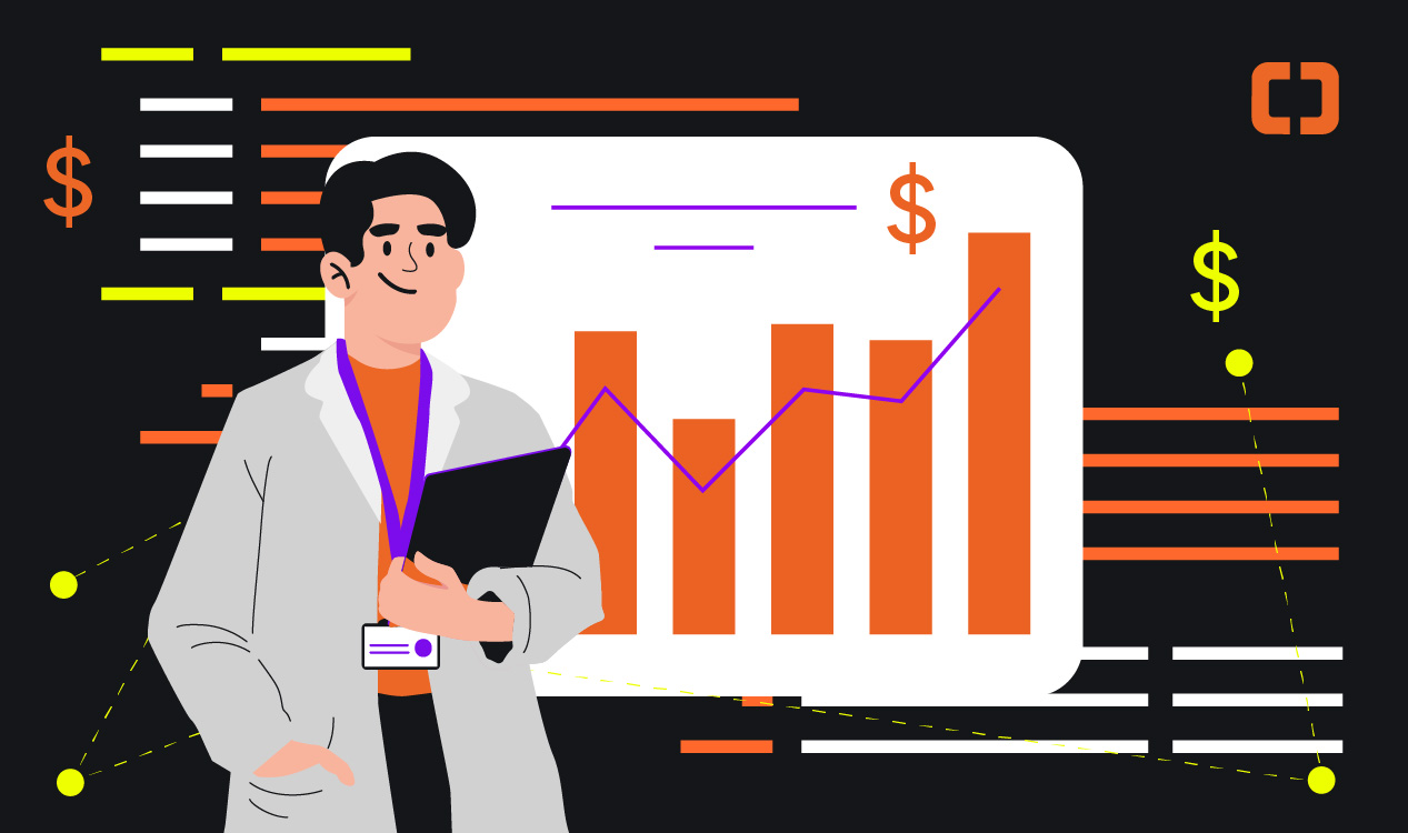 Imagem ilustrativa de um dentista diante de gráficos de crescimento financeiro, simbolizando relatórios automáticos e uma gestão estratégica com o software odontológico Clinicorp.