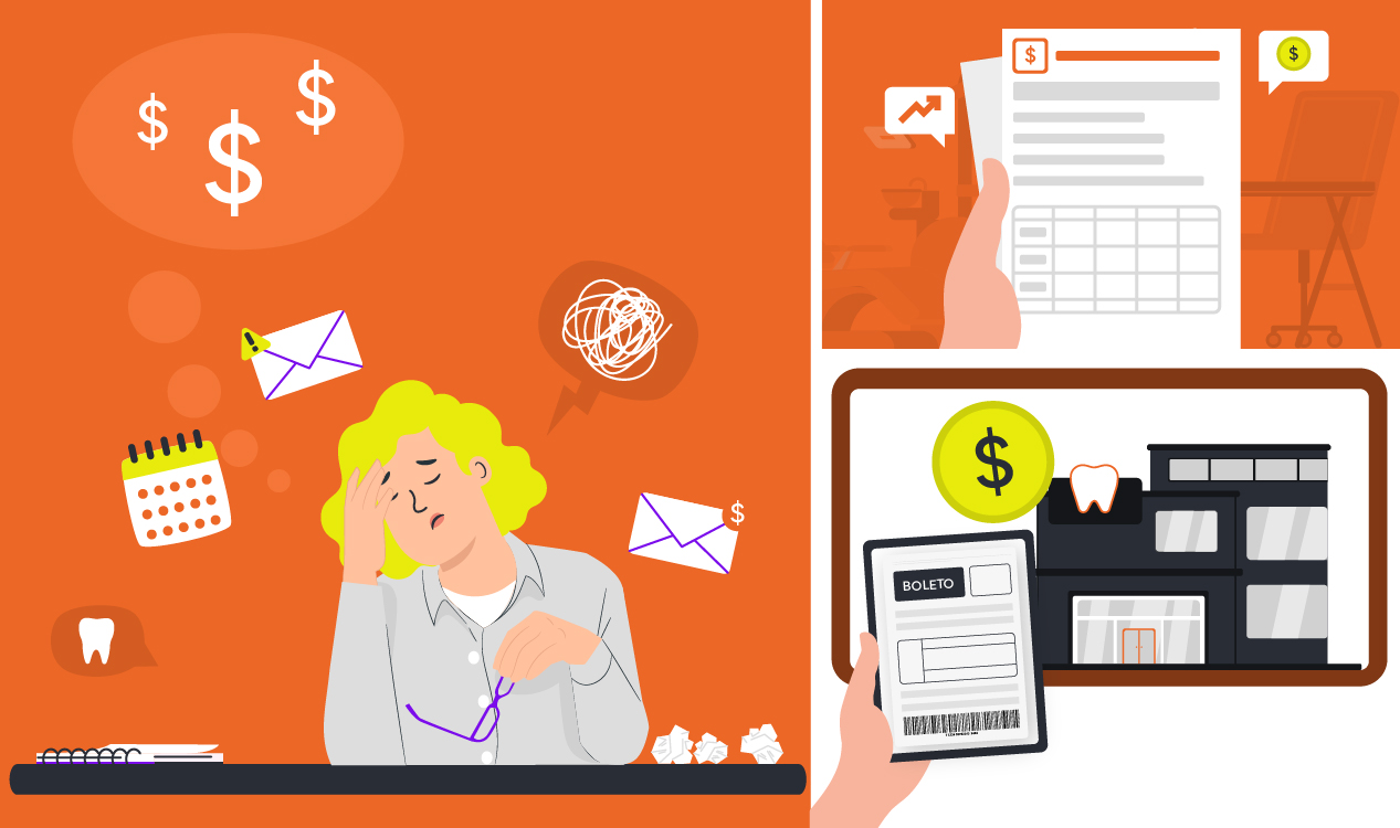 Ilustração de dentista preocupado com finanças e gestão da clínica, representando os desafios antes da automação e o impacto do custo médio da automação odontológica na rotina.