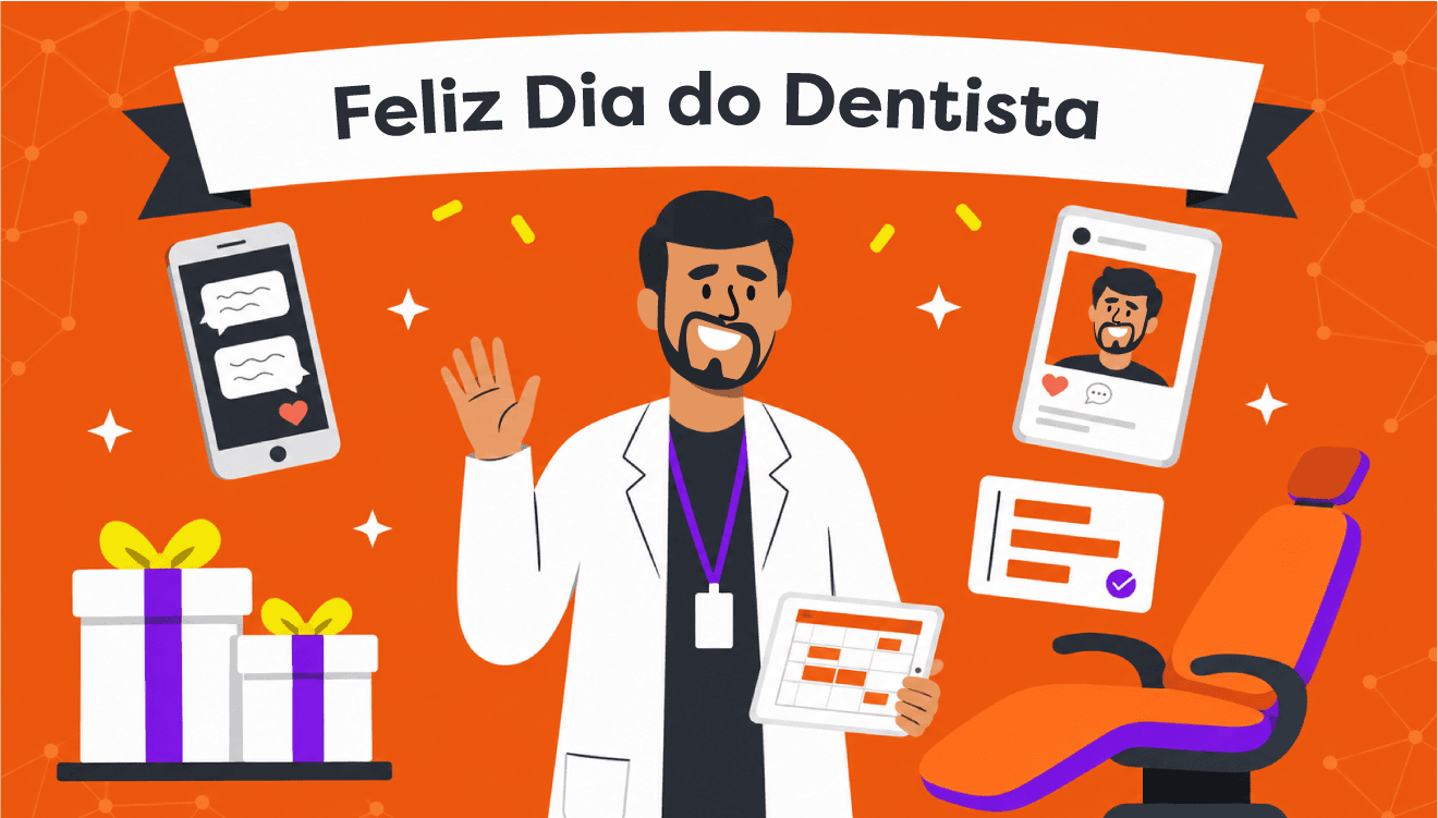 Imagem ilustrativa de dentista comemorando o Dia do Dentista com elementos de agenda, avaliações e atendimento ao paciente, software odontológico Clinicorp.