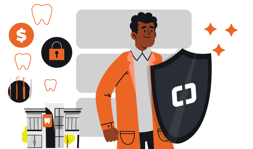 Imagem de um dentista protegido por escudo representando seguro para dentista e segurança profissional.