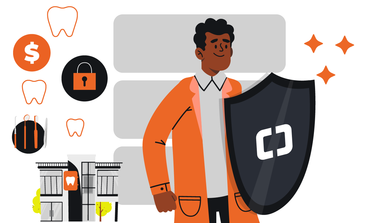 Imagem de um dentista protegido por escudo representando seguro para dentista e segurança profissional.