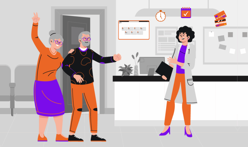 Qual o melhor software odontológico para clínicas pequenas: imagem de gestor da clínica usando um sistema de gestão enquanto pacientes idosos chegam no consultório.