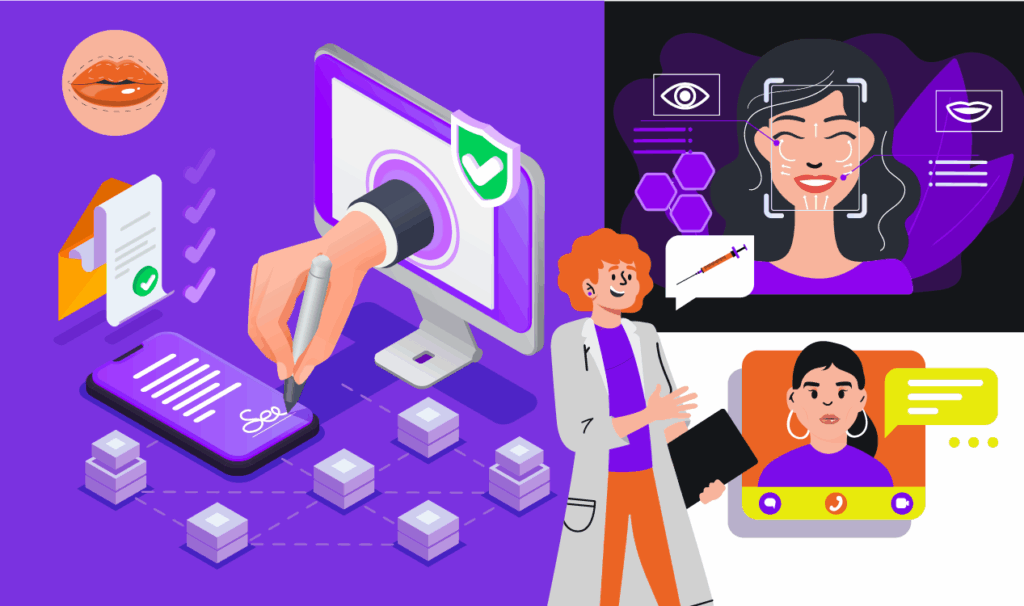 Assinatura digital em clínicas de estética avançada: profissional utilizando tecnologia para autenticar documentos eletrônicos com segurança e praticidade, melhorando a experiência do paciente.
