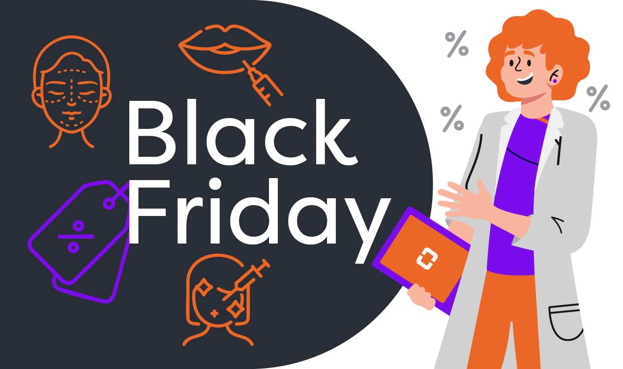 A imagem mostra uma ilustração colorida com fundo escuro e o texto em destaque 'Black Friday'. Ao redor, aparecem ícones relacionados a procedimentos estéticos, como preenchimento labial, cuidados faciais e aplicações injetáveis. À direita, há uma personagem sorridente de jaleco segurando uma prancheta, representando um profissional da estética.