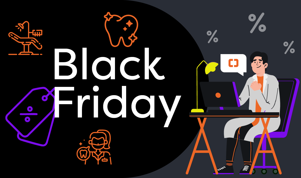 Black Friday Odontologia: imagem ilustrada de dentista preparando a clínica para a Black Friday.