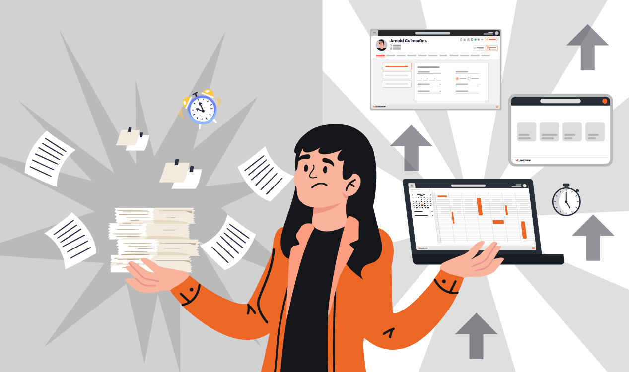 Imagem ilustrativa de uma dentista que precisa digitalizar a clínica mostrando o contraste entre papelada desorganizada e ferramentas digitais, representando como um sistema de gestão aumenta a eficiência do consultório odontológico.
