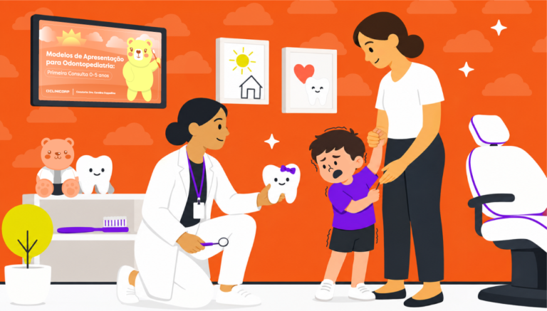 Imagem ilustrativa de uma criança com medo de dentista segurando a mão da mãe enquanto a dentista, ajoelhada, mostra um dente de pelúcia sorridente em um consultório odontopediátrico com fundo laranja, cadeira odontológica, desenhos na parede e uma tela com a apresentação