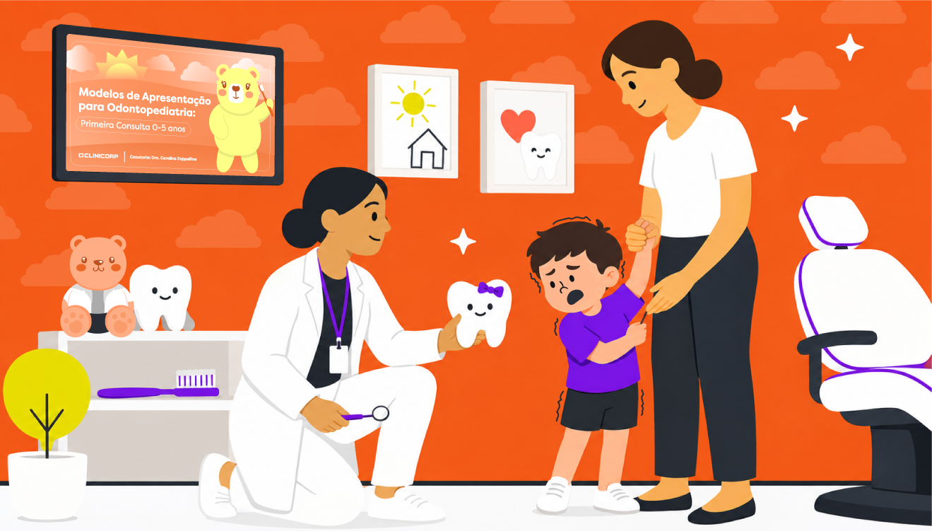 Imagem ilustrativa de uma criança com medo de dentista segurando a mão da mãe enquanto a dentista, ajoelhada, mostra um dente de pelúcia sorridente em um consultório odontopediátrico com fundo laranja, cadeira odontológica, desenhos na parede e uma tela com a apresentação