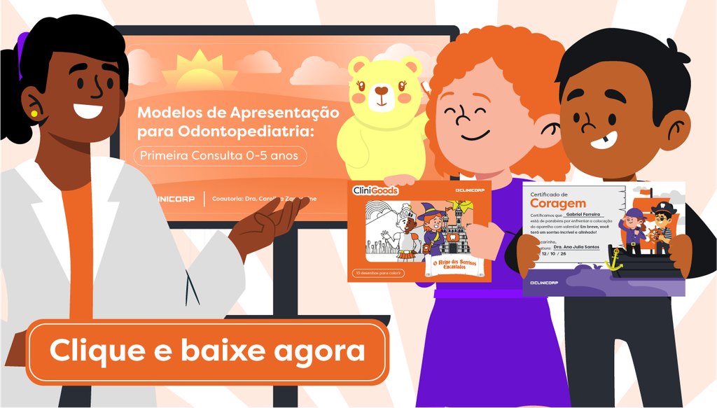 Imagem ilustrativa de banner com CliniGoods, Certificado de Coragem e modelos de apresentação para crianças com medo de dentista.