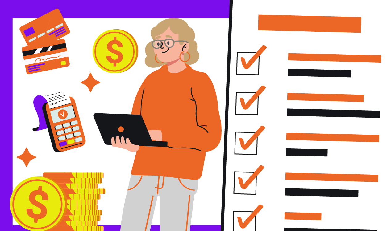 Como fazer organização financeira de uma clínica: imagem ilustrativa de uma pessoa com um computador, representando a organização através de um sistema. Ao lado da pessoa, temos imagens de cartões de crédito, dinheiro e checklist de tarefas, para complementar a organização da clínica.