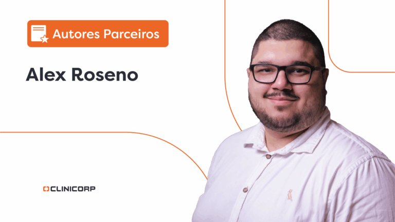 Estratégia IA: imagem do Alex Roseno, especialista em gestão para dentistas. Ao lado dele, há um lettering escrito “autores parceiros”.