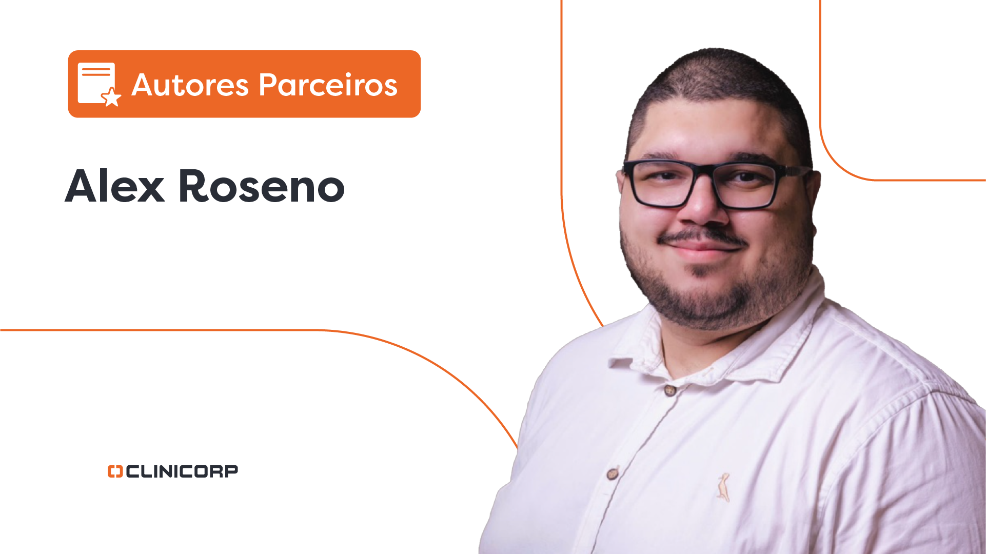 Estratégia IA: imagem do Alex Roseno, especialista em gestão para dentistas. Ao lado dele, há um lettering escrito “autores parceiros”.