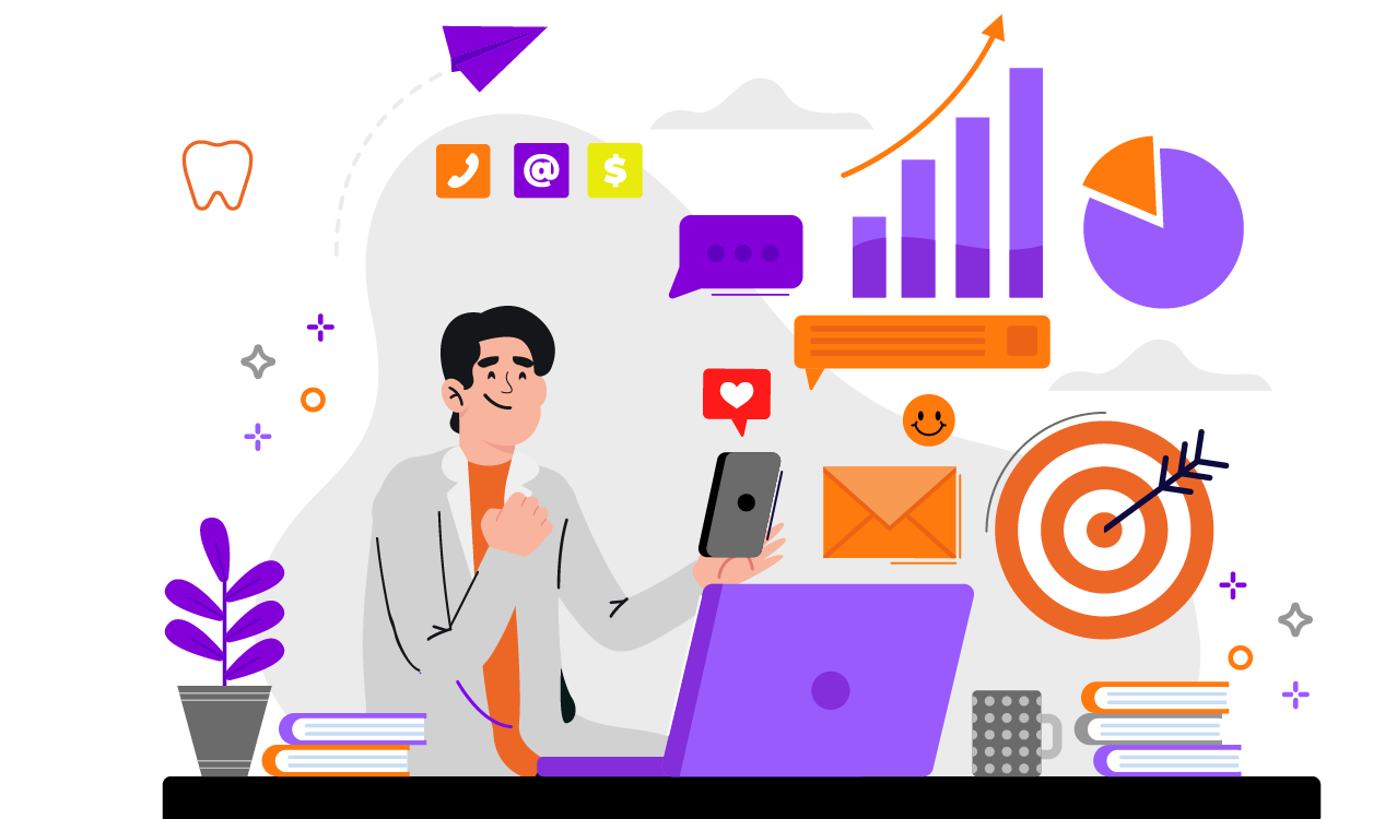 Como marketing digital pode ajudar sua empresa: ilustração de um dentista usando um software odontológico com gráficos de crescimento, ícones de comunicação e engajamento representando como um software odontológico potencializa o marketing da clínica.