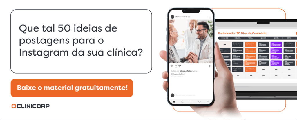 O banner acima convida o dentista a baixar gratuitamente um material exclusivo com 50 ideias de postagens para o Instagram da sua clínica. O objetivo é inspirar e facilitar a criação de conteúdos relevantes que engajem seus pacientes e fortaleçam sua marca.