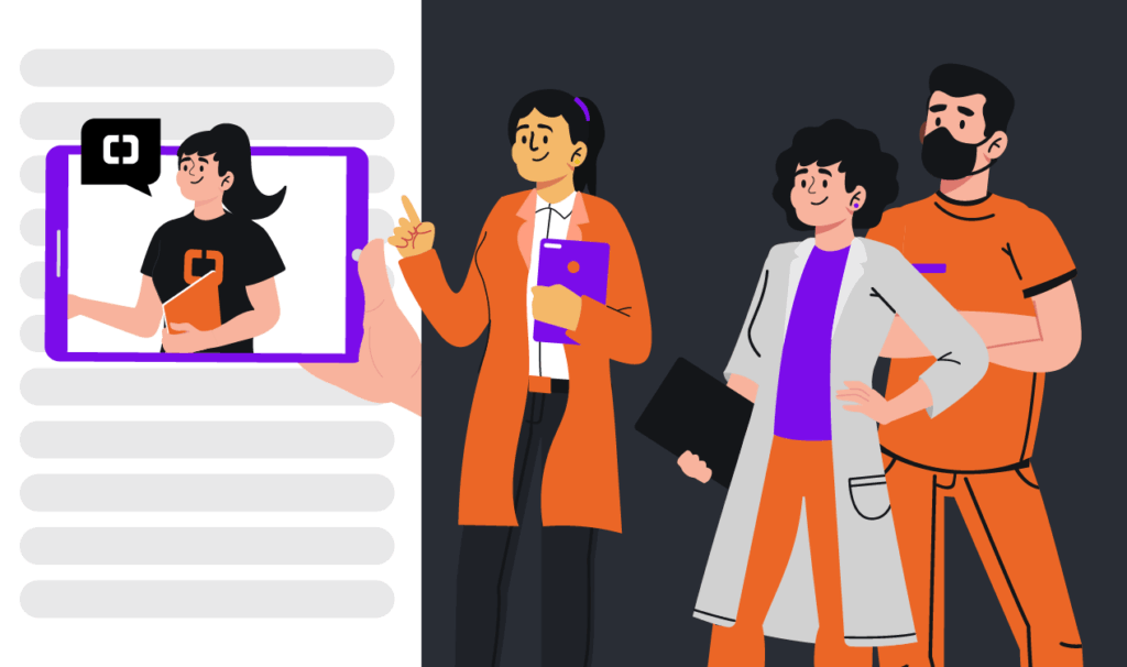 Treinamento de equipe: ilustração de profissionais da saúde participando de capacitação com apoio de tecnologia para clínicas odontológicas.