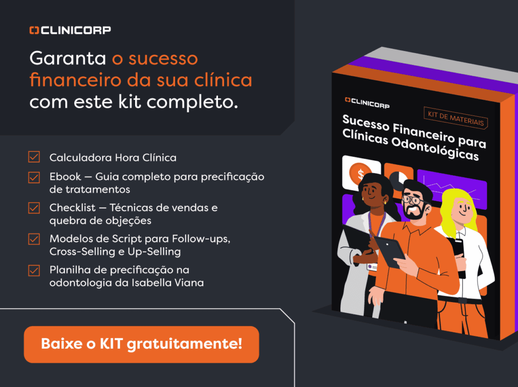 Mercado odontológico: Banner promocional da Clinicorp oferecendo o kit “Sucesso Financeiro para Clínicas Odontológicas”, com calculadora de hora clínica, ebook de precificação, checklist de técnicas de vendas, modelos de scripts e planilha de precificação. Inclui botão com o texto “Baixe o KIT gratuitamente!”.