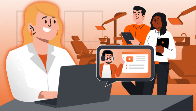Imagem ilustrativa de dentista utilizando software odontológico fácil de usar em notebook, com equipe da clínica acompanhando treinamento online ao fundo.