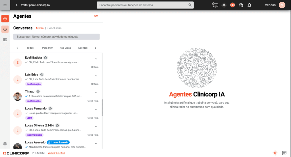 Atendimento automatizado: atendimento realizado pelos Agentes Clinicorp IA via WhatsApp dentro do Clinicorp.