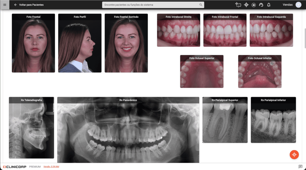 Ficha Ortodôntica Digital com fotografias faciais, imagens intraorais e exames radiográficos utilizados para diagnóstico, planejamento e acompanhamento da ortodontia.