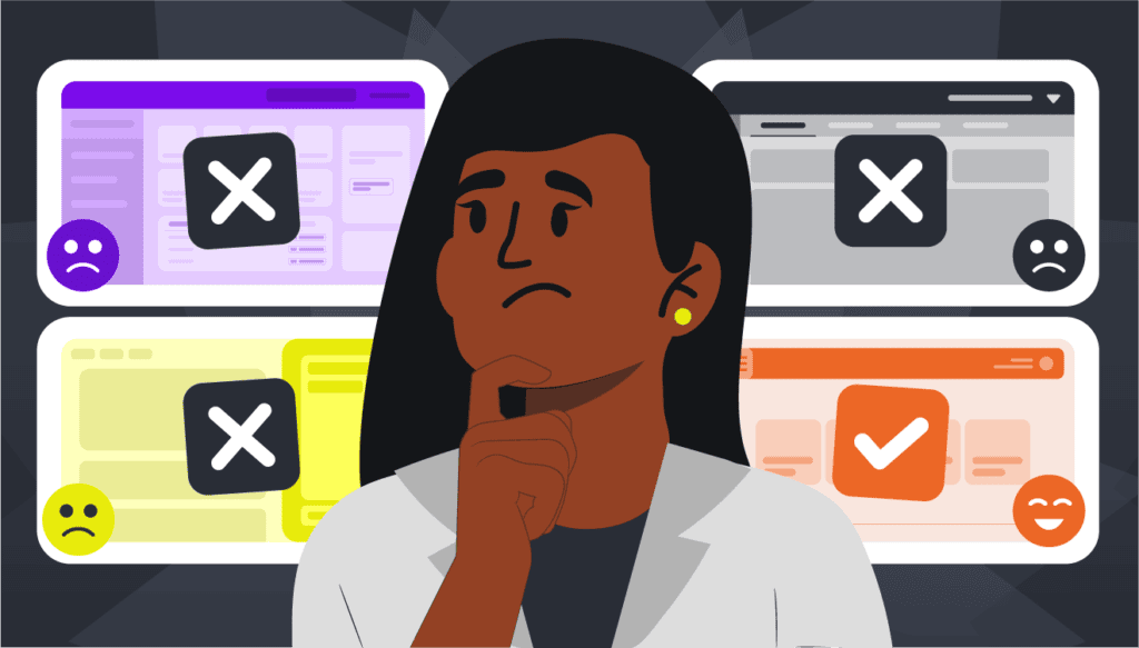 Imagem ilustrativa sobre como escolher software odontológico: dentista de jaleco branco analisa pensativa quatro opções de sistemas em telas ao fundo, três delas marcadas com X e rostos insatisfeitos, e uma marcada com símbolo de aprovação e rosto feliz em laranja.