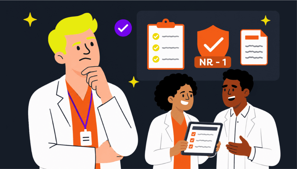 Imagem ilustrativa de dentistas analisando checklist de adequação à NR-1 e riscos psicossociais em clínica odontológica.