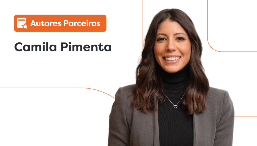 Imagem da Dra. Camila Pimenta. Ao lado dela, há um lettering escrito “autores parceiros”.