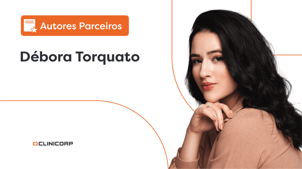 Imagem da Dra. Débora Torquato. Ao lado dela, vemos um lettering escrito “Autores parceiros”.