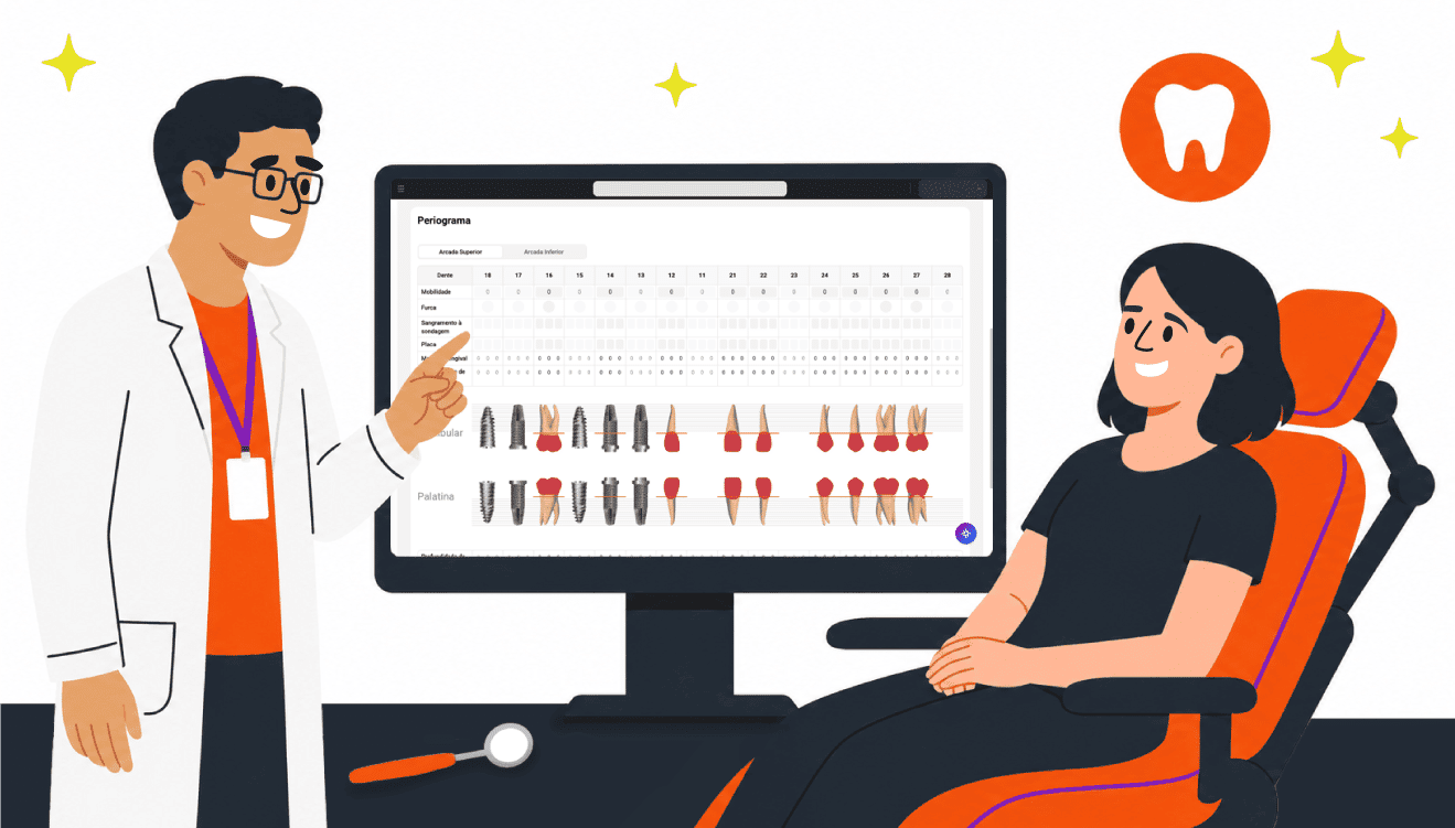 Ilustração de um dentista mostrando o periograma no sistema Clinicorp para paciente durante consulta odontológica