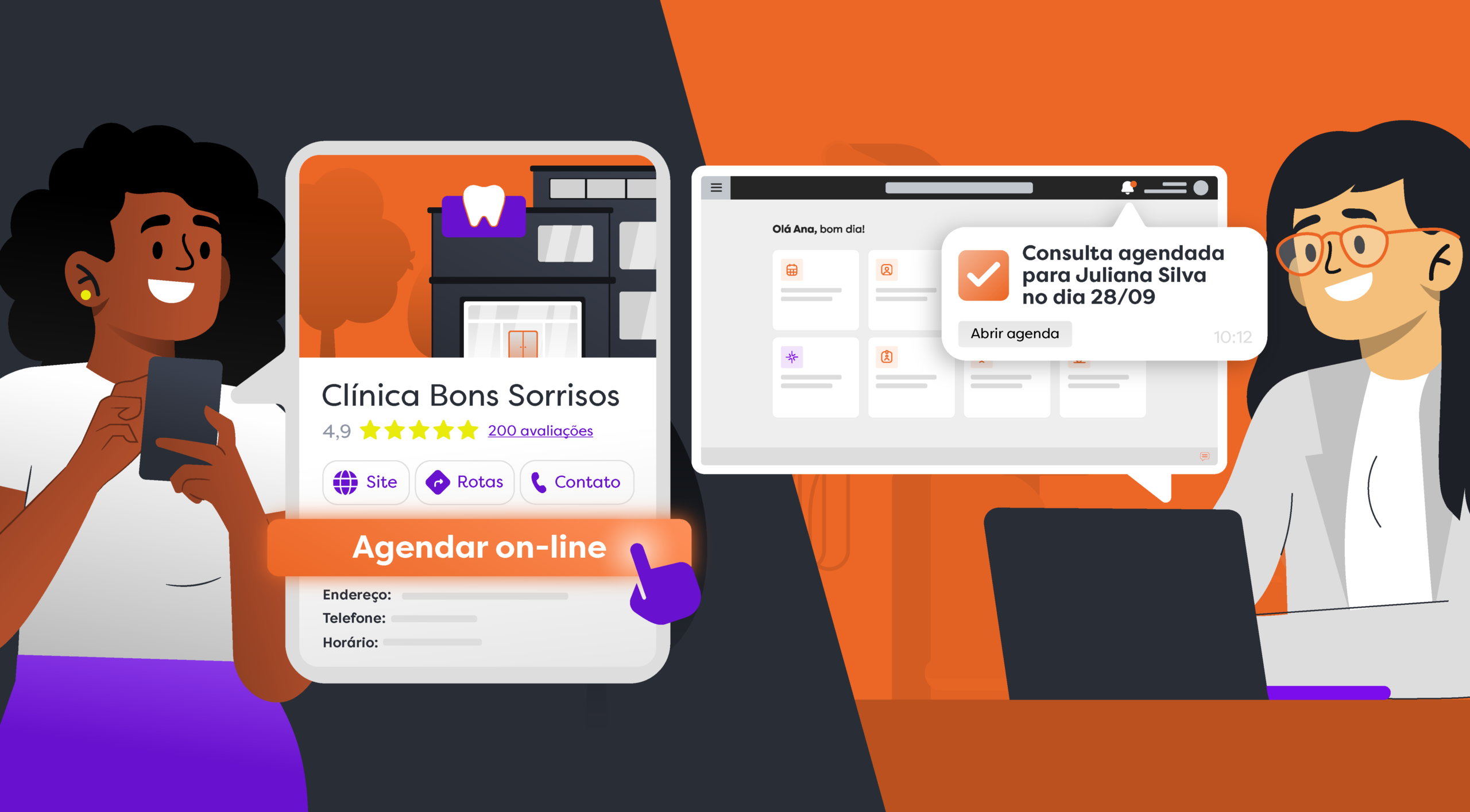 Imagem ilustrativa de agendamento online Google Business Profile, com paciente visualizando o perfil de uma clínica no celular, botão “Agendar on-line”, tela do Clinicorp com uma consulta agendada e dentista utilizando um notebook.