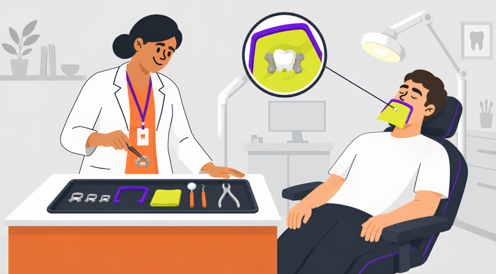 Imagem ilustrativa de dentista com grampos odontológicos e paciente sob isolamento absoluto com lençol de borracha na cadeira.