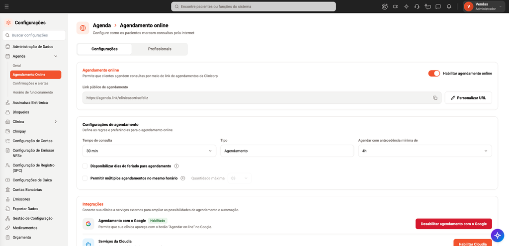 Print da tela do sistema Clinicorp, na aba de configuração para o Agendamento Online.