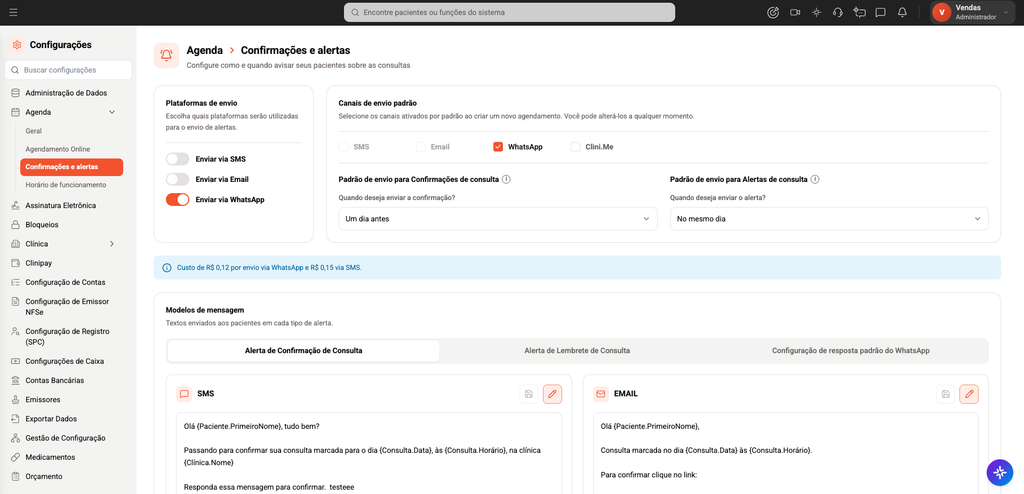 Print da tela do sistema Clinicorp, na aba de configuração de Confirmações automáticas e Alertas.