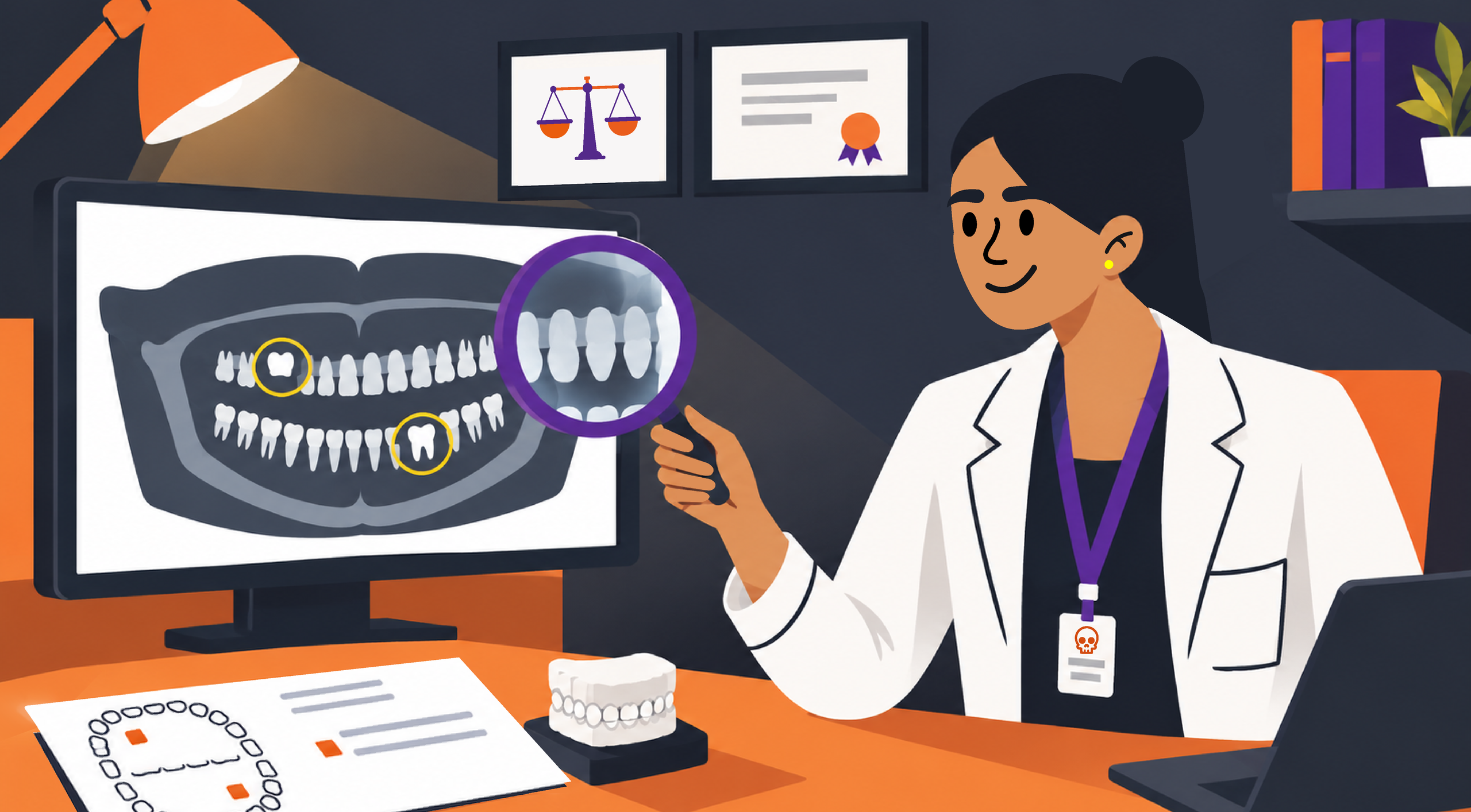 Imagem ilustrativa de um odontologista analisando radiografia panorâmica de arcada dentária ao lado de uma balança da Justiça. Ao fundo, vemos um consultório odontológico com clima de suspense e um diploma na parede.