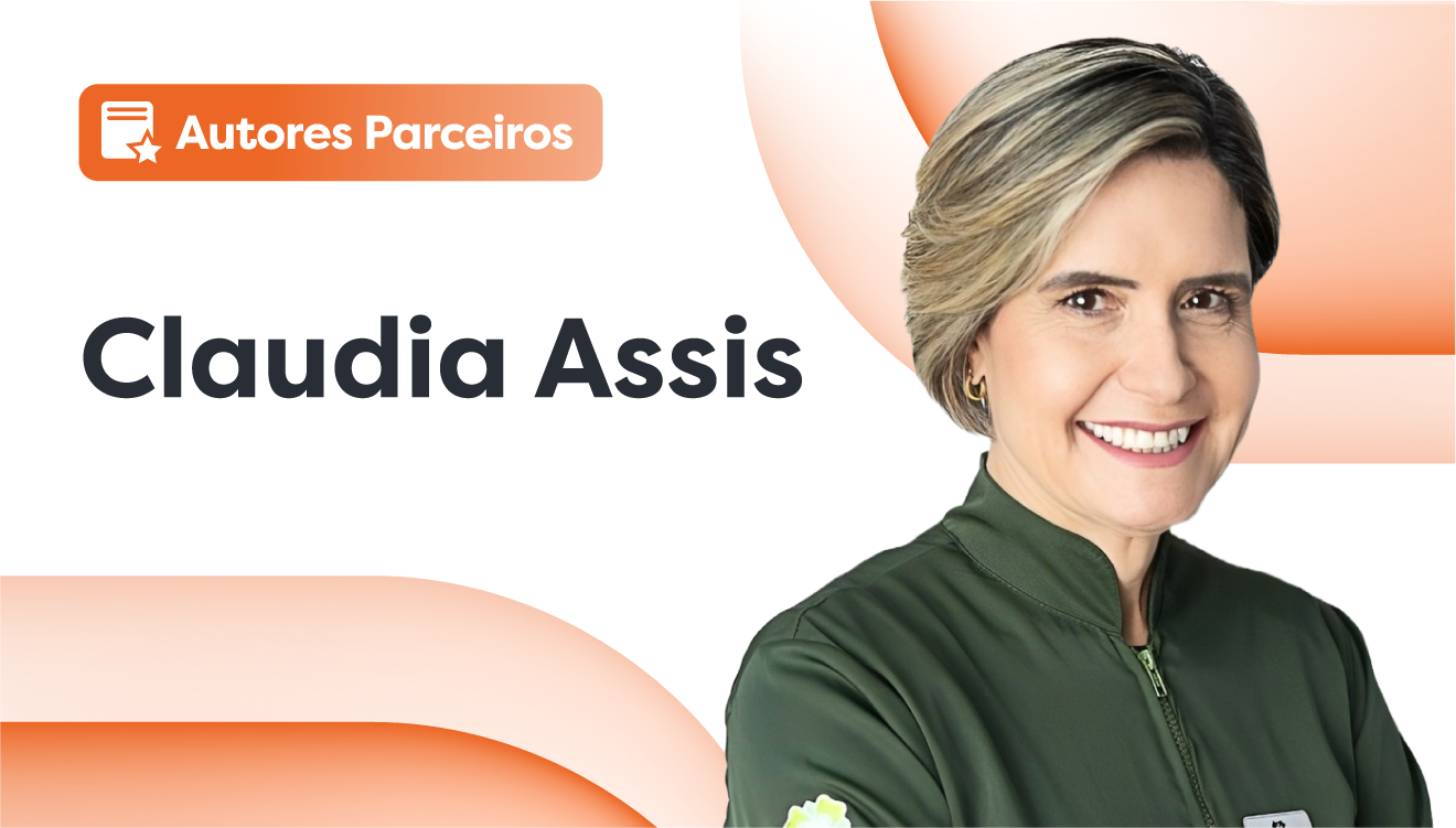 Claudia Assis, autora parceira do Clinicorp, sorrindo com jaleco verde em arte do blog sobre prótese dentária de silicone.