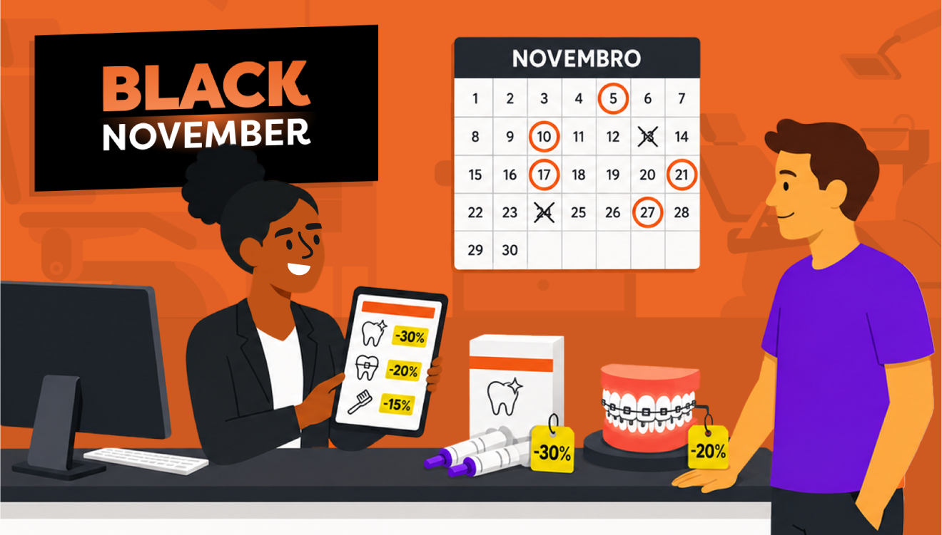 Ilustração de uma secretária de clínica odontológica com um tablet na mão, mostrando ao paciente as condições da Black November para dentistas, com calendário de novembro ao fundo.