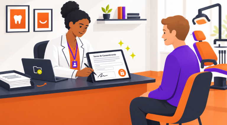 Ilustração de dentista assinando um termo de consentimento em um tablet com assinatura digital para dentistas, diante de um paciente no consultório.