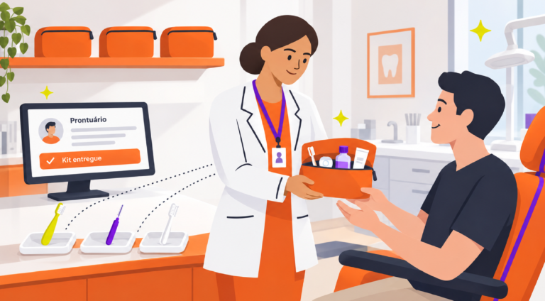 Ilustração de uma dentista entregando um kit de higiene bucal em estojo laranja, com escova de dentes, fio dental, enxaguante e creme dental, a um paciente sentado na cadeira odontológica. Ao lado, um computador mostra o prontuário com a marcação