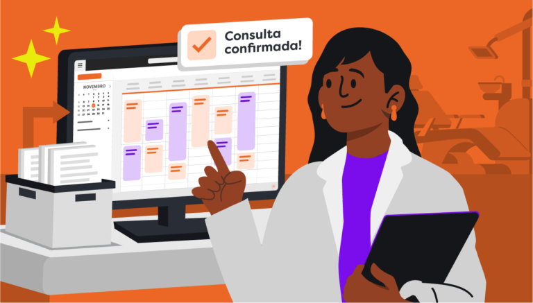 Ilustração de dentista apontando para a agenda digital na tela do computador, com aviso ‘Consulta confirmada!’, representando as vantagens de software odontológico na rotina da clínica.
