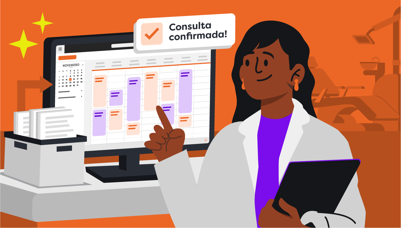 Ilustração de dentista apontando para a agenda digital na tela do computador, com aviso ‘Consulta confirmada!’, representando as vantagens de software odontológico na rotina da clínica.